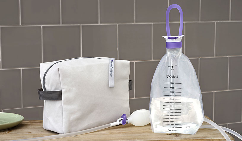 IrriSedo Flow bag on bathroom counter with bag